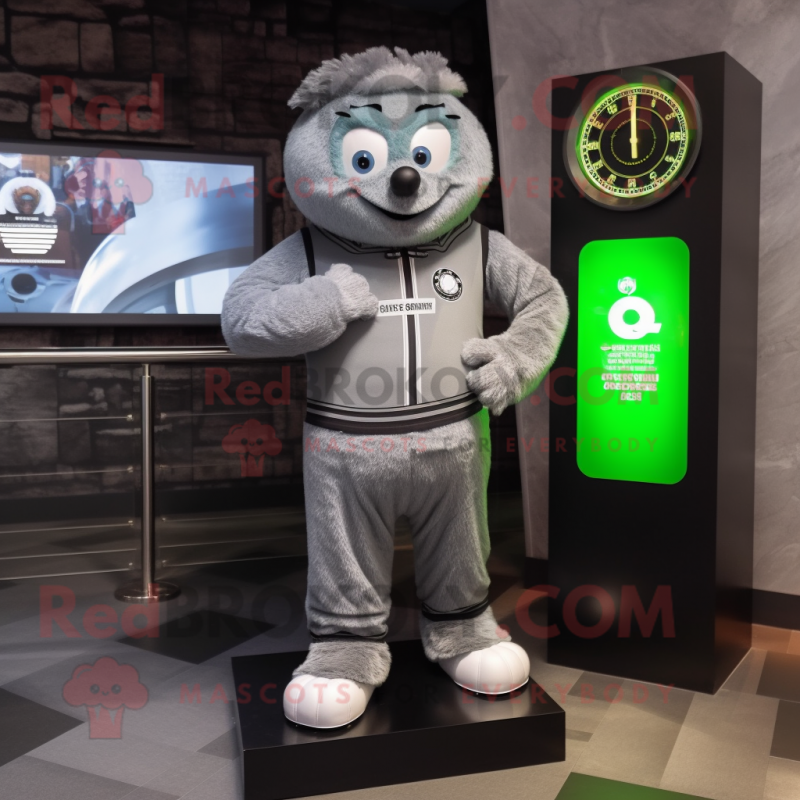 Gray Guinness mascot costume character dressed with a Jumpsuit and Digital watches Gray Guinness mascot costume character dressed with a Jumpsuit and Digital watches