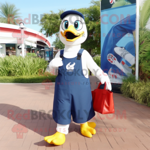 Navy Swans mascot costume character dressed with a Overalls and Tote bags