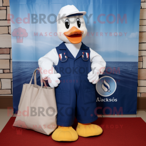 Navy Swans mascot costume character dressed with a Overalls and Tote bags