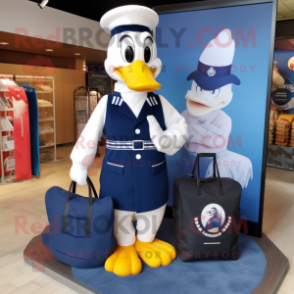 Navy Swans mascot costume character dressed with a Overalls and Tote bags