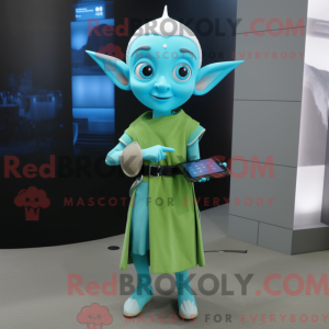 Maskotkarakter af en cyan...