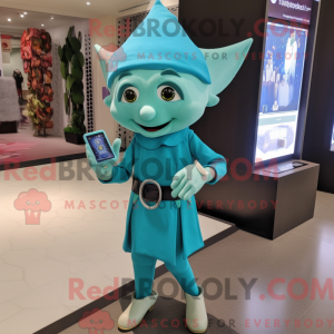 Maskotkarakter af en cyan...