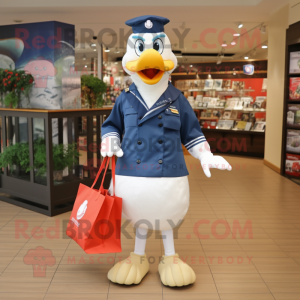 Navy Swans mascot costume character dressed with a Overalls and Tote bags