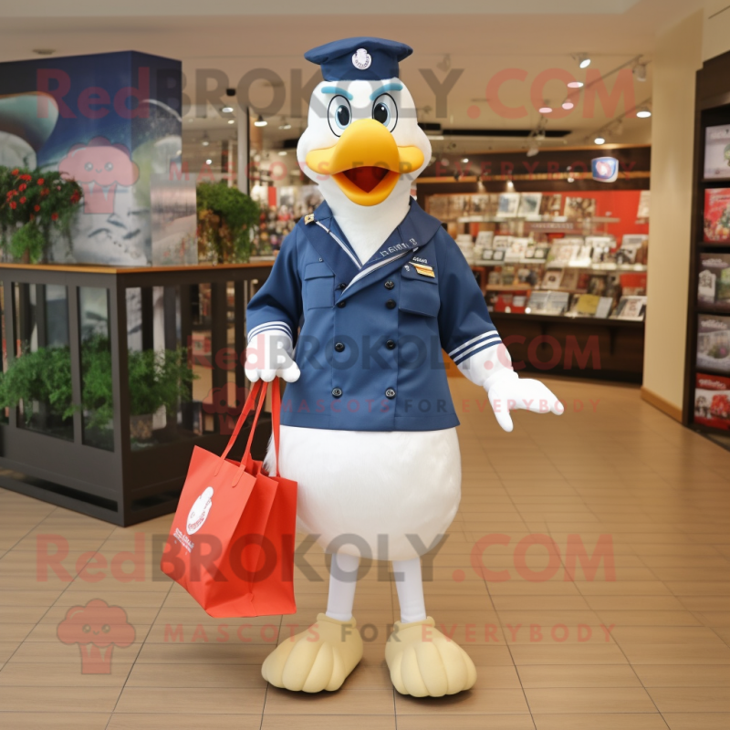 Navy Swans mascot costume character dressed with a Overalls and Tote bags Navy Swans mascot costume character dressed with a Overalls and Tote bags