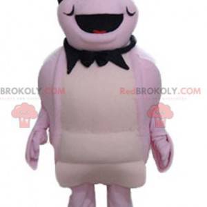 Pink creature crustacean mascot with a black hat -