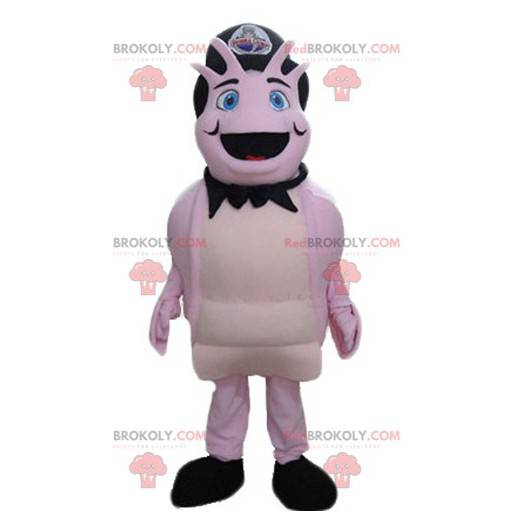 Pink creature crustacean mascot with a black hat -
