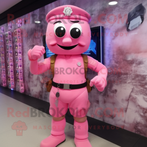 Pink Army Soldier mascot costume character dressed with a Swimwear and Digital watches