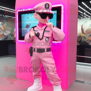 Pink Army Soldier mascot costume character dressed with a Swimwear and Digital watches