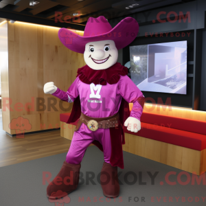 Maskotfigur af en magenta...