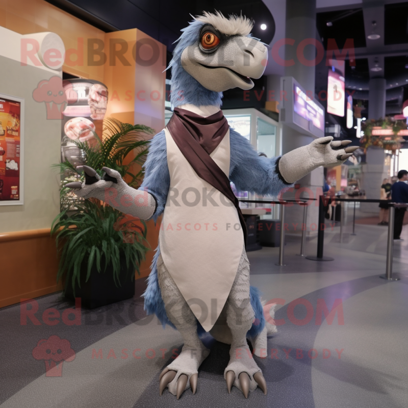 Gray Utahraptor mascot costume character dressed with a A-Line Dress and Scarf clips