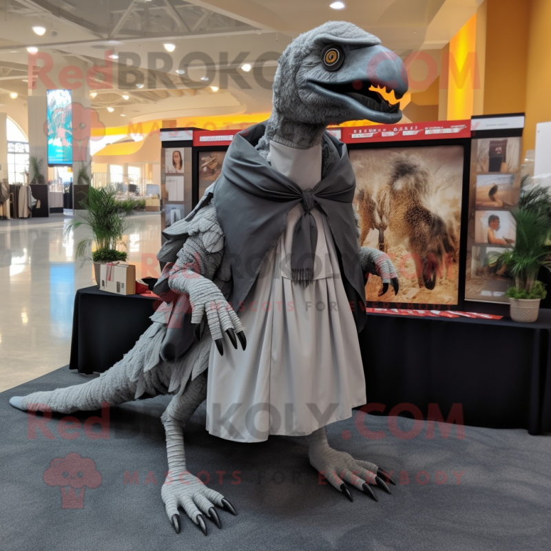Gray Utahraptor mascot costume character dressed with a A-Line Dress and Scarf clips