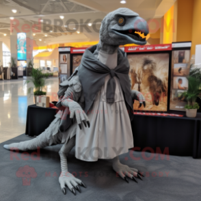 Gray Utahraptor mascot costume character dressed with a A-Line Dress and Scarf clips