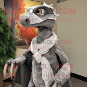 Gray Utahraptor mascot costume character dressed with a A-Line Dress and Scarf clips