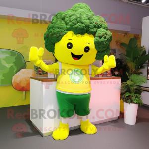 Yellow Broccoli mascot costume character dressed with a T-Shirt and Bracelet watches