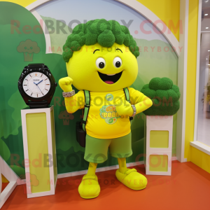 Yellow Broccoli mascot costume character dressed with a T-Shirt and Bracelet watches
