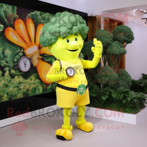 Yellow Broccoli mascot costume character dressed with a T-Shirt and Bracelet watches