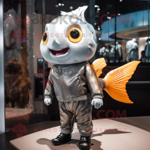 Silver Goldfish mascot costume character dressed with a Leather Jacket and Handbags