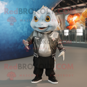 Silver Goldfish mascot costume character dressed with a Leather Jacket and Handbags