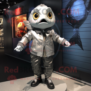Silver Goldfish mascot costume character dressed with a Leather Jacket and Handbags