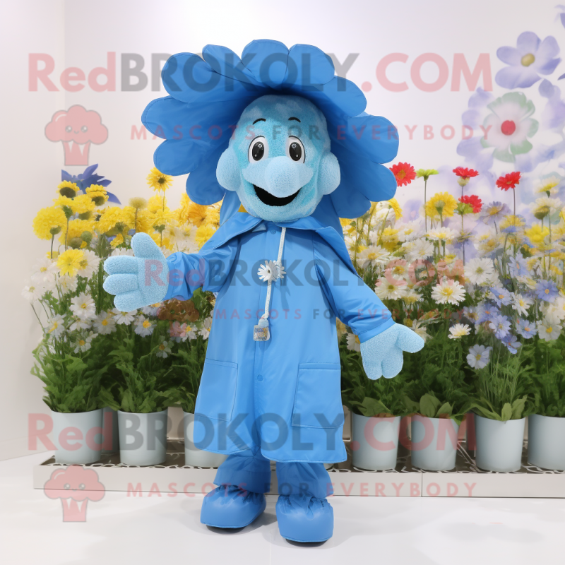 Blue Bouquet Of Flowers mascot costume character dressed with a Raincoat and Keychains Blue Bouquet Of Flowers mascot costume character dressed with a Raincoat and Keychains
