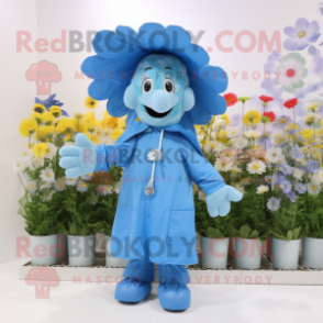 Blue Bouquet Of Flowers mascot costume character dressed with a Raincoat and Keychains
