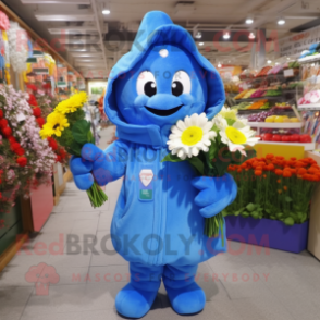 Blue Bouquet Of Flowers mascot costume character dressed with a Raincoat and Keychains