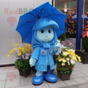 Blue Bouquet Of Flowers mascot costume character dressed with a Raincoat and Keychains