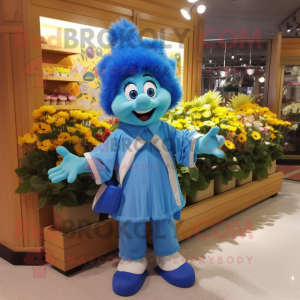 Blue Bouquet Of Flowers mascot costume character dressed with a Raincoat and Keychains