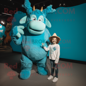 Turquoise Woolly Rhinoceros mascot costume character dressed with a Mom Jeans and Caps