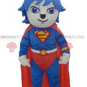 Kat mascotte gekleed in rood en blauw Superman kostuum -