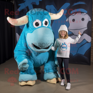 Turquoise Woolly Rhinoceros mascot costume character dressed with a Mom Jeans and Caps