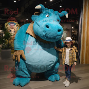 Turquoise Woolly Rhinoceros mascot costume character dressed with a Mom Jeans and Caps