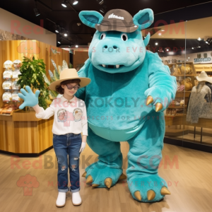 Turquoise Woolly Rhinoceros mascot costume character dressed with a Mom Jeans and Caps