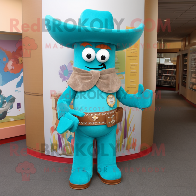 Turquoise Cowboy mascot costume character dressed with a Sweater and Hat pins