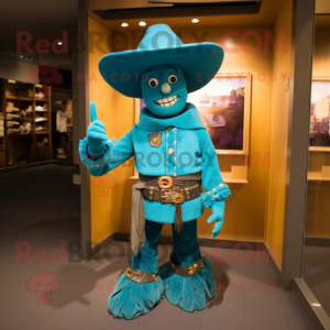 Turquoise Cowboy mascot costume character dressed with a Sweater and Hat pins
