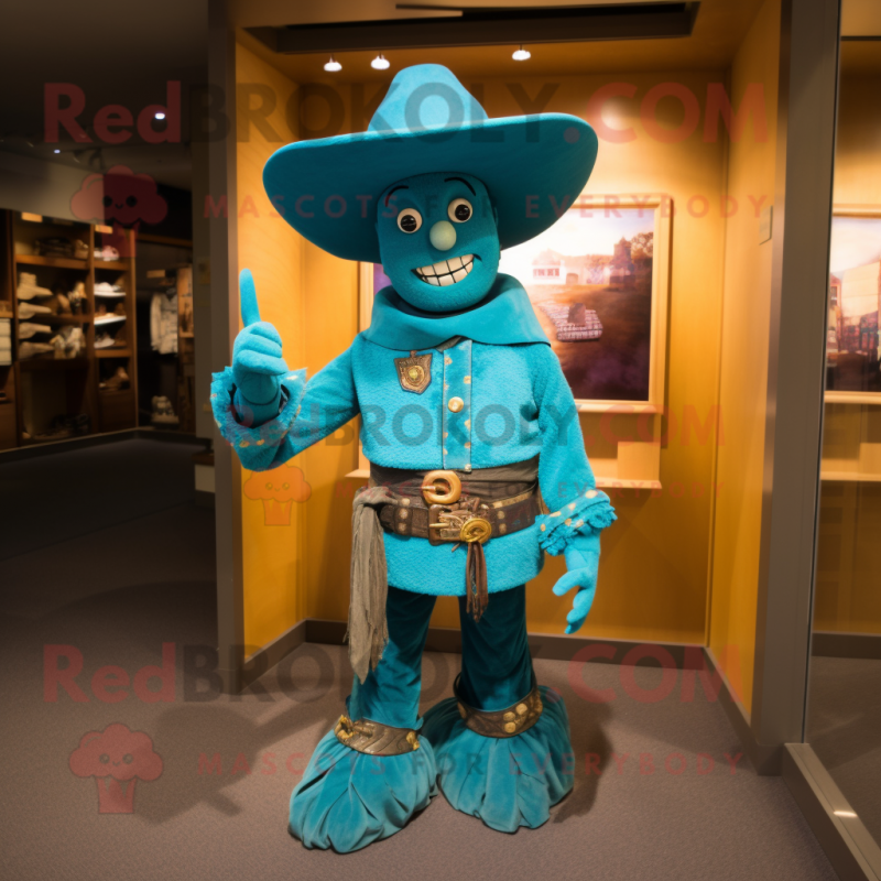 Turquoise Cowboy mascot costume character dressed with a Sweater and Hat pins Turquoise Cowboy mascot costume character dressed with a Sweater and Hat pins