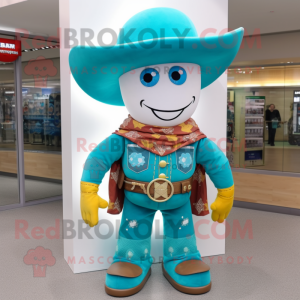 Turquoise Cowboy mascot costume character dressed with a Sweater and Hat pins
