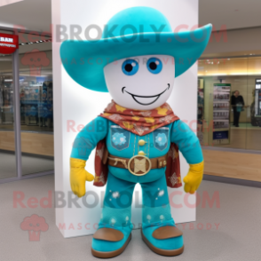 Turquoise Cowboy mascot costume character dressed with a Sweater and Hat pins