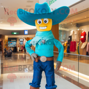 Turquoise Cowboy mascot costume character dressed with a Sweater and Hat pins