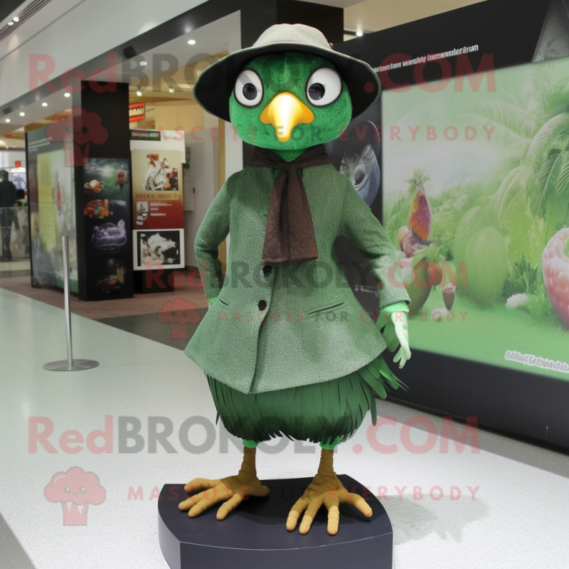 Forest Green Quail mascot costume character dressed with a Mini Skirt and Hats