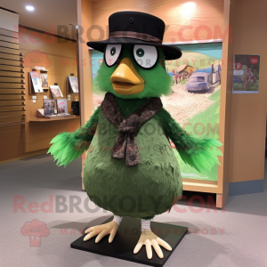 Forest Green Quail mascot costume character dressed with a Mini Skirt and Hats