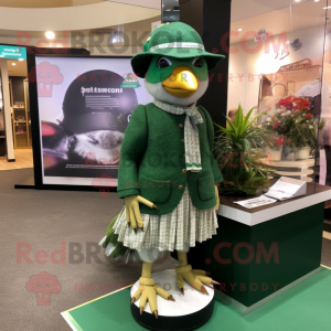 Forest Green Quail mascot costume character dressed with a Mini Skirt and Hats