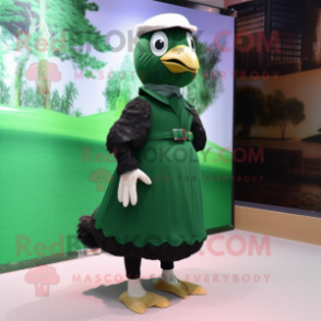 Forest Green Quail mascot costume character dressed with a Mini Skirt and Hats