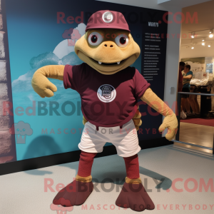 Maskotfigur av en rødbrun...