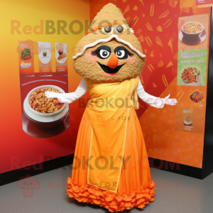 Orange Biryani mascot costume character dressed with a Empire Waist Dress and Brooches