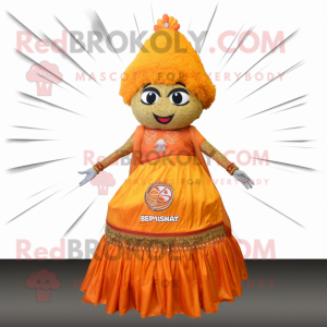 Orange Biryani mascot costume character dressed with a Empire Waist Dress and Brooches