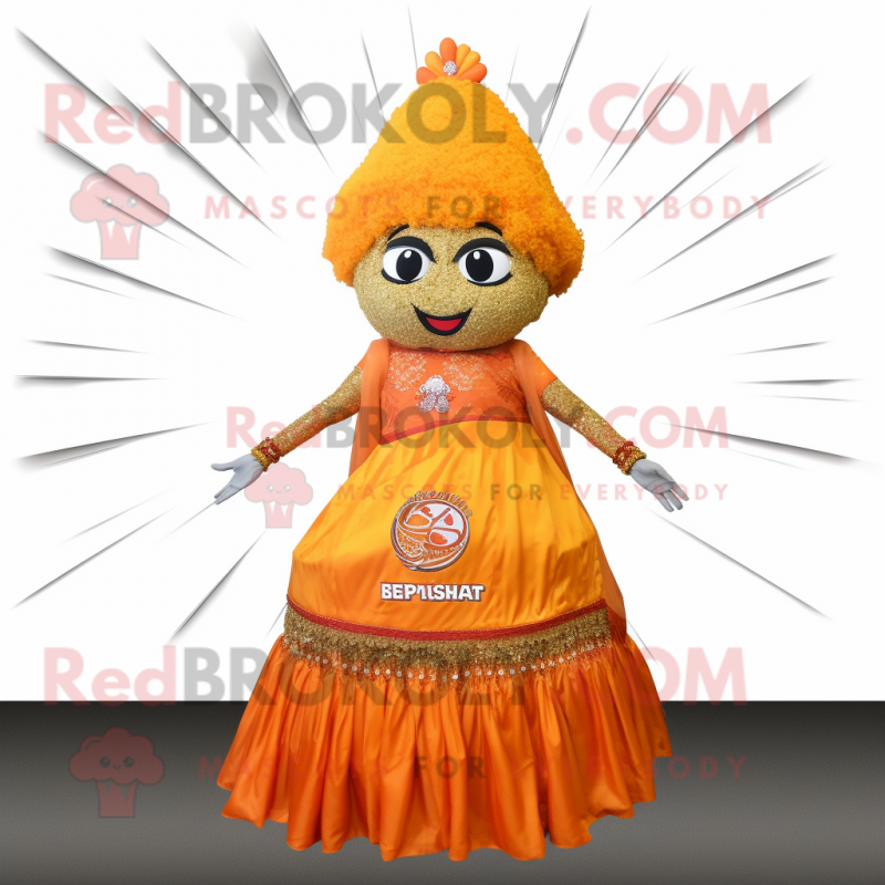 Orange Biryani mascot costume character dressed with a Empire Waist Dress and Brooches