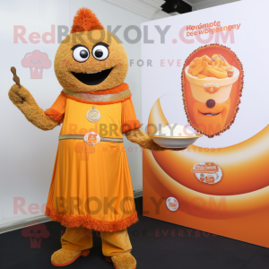 Orange Biryani mascot costume character dressed with a Empire Waist Dress and Brooches