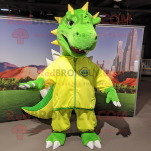 Lime Green Stegosaurus mascot costume character dressed with a Windbreaker and Cummerbunds