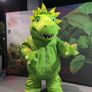 Lime Green Stegosaurus mascot costume character dressed with a Windbreaker and Cummerbunds